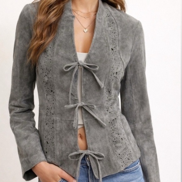 Carlos Falchi Jackets & Blazers - Carlos Falchi Y2K Gray Genuine Leather Suede Tie Front Jacket Laser Cut Size M